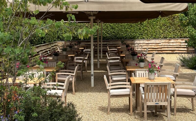 Hurley House - A tranquil outdoor patio featuring several wooden tables and chairs arranged under large beige umbrellas. Lush greenery and potted flowers surround the area, creating a peaceful garden setting under a cloudy sky.